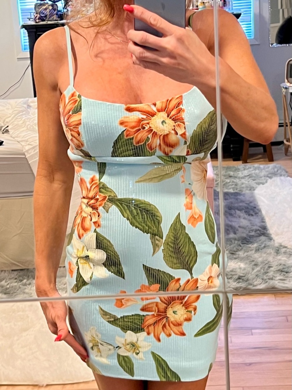 Away Floral Spaghetti-Strap Mini Dress in Light Blue with Orange Flowers
